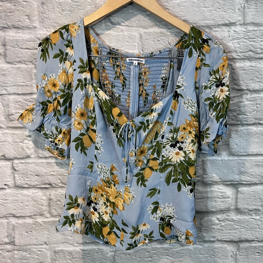 Reformation Blue Floral Sweetheart Top with Yellow Flowers - Picture 5 of 14